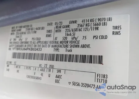 2023 Ford Transit-250 Cargo Van z USA, uszkodzony, nr VIN 1FTBR3U84PKB02433